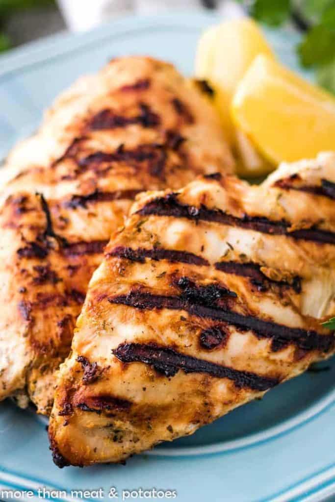 Two pieces of grilled chicken on a blue plate.