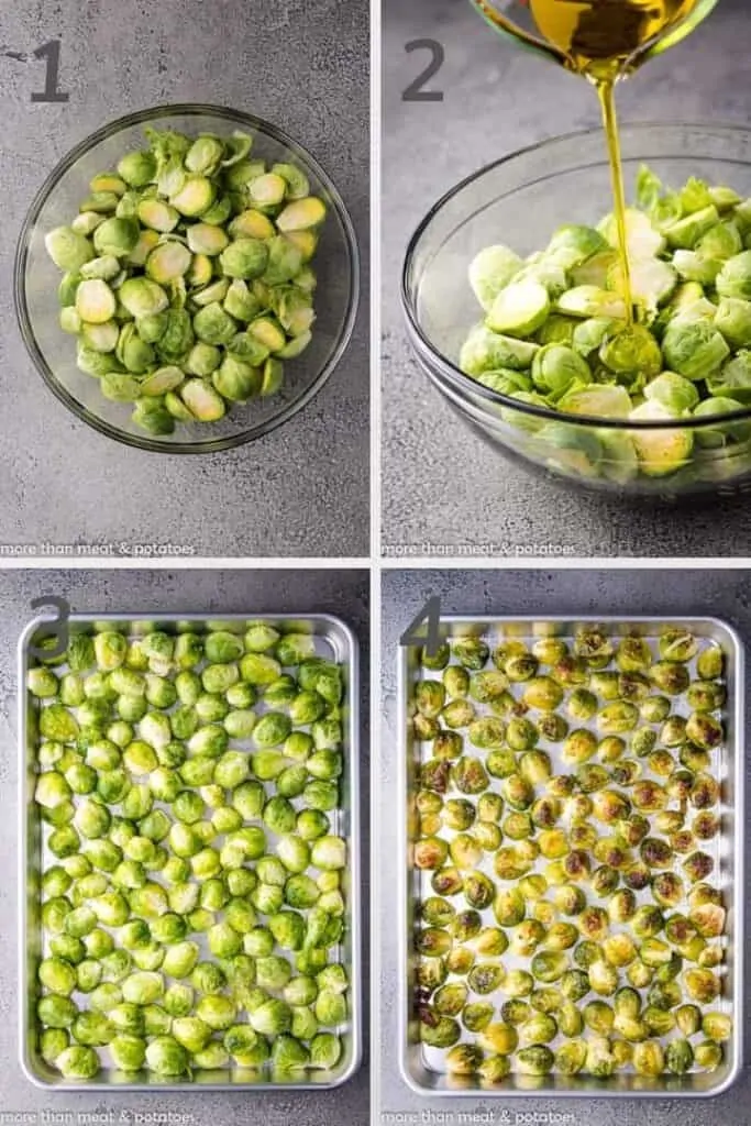 Collage showing how to make roasted brussel sprouts.
