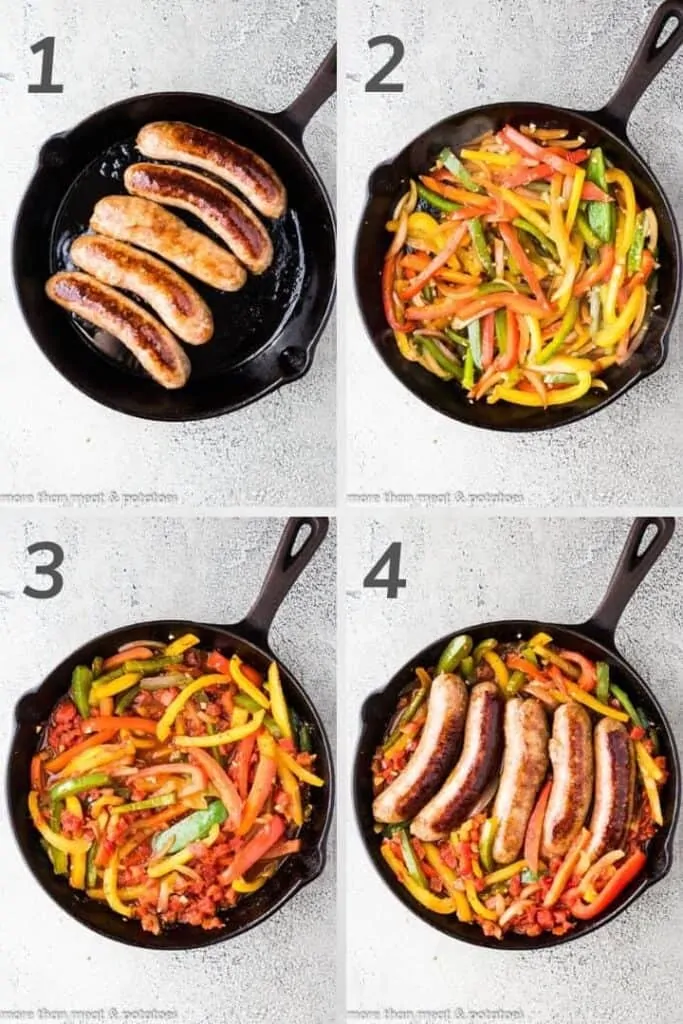 A collage of photos showing how to make sausage and peppers.