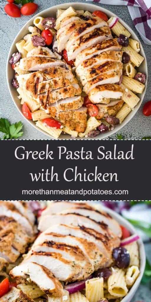 Two photos of greek chicken pasta salad in gray bowls.