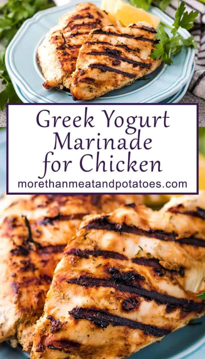 Two photos of greek yogurt marinaded grilled chicken on blue plates.