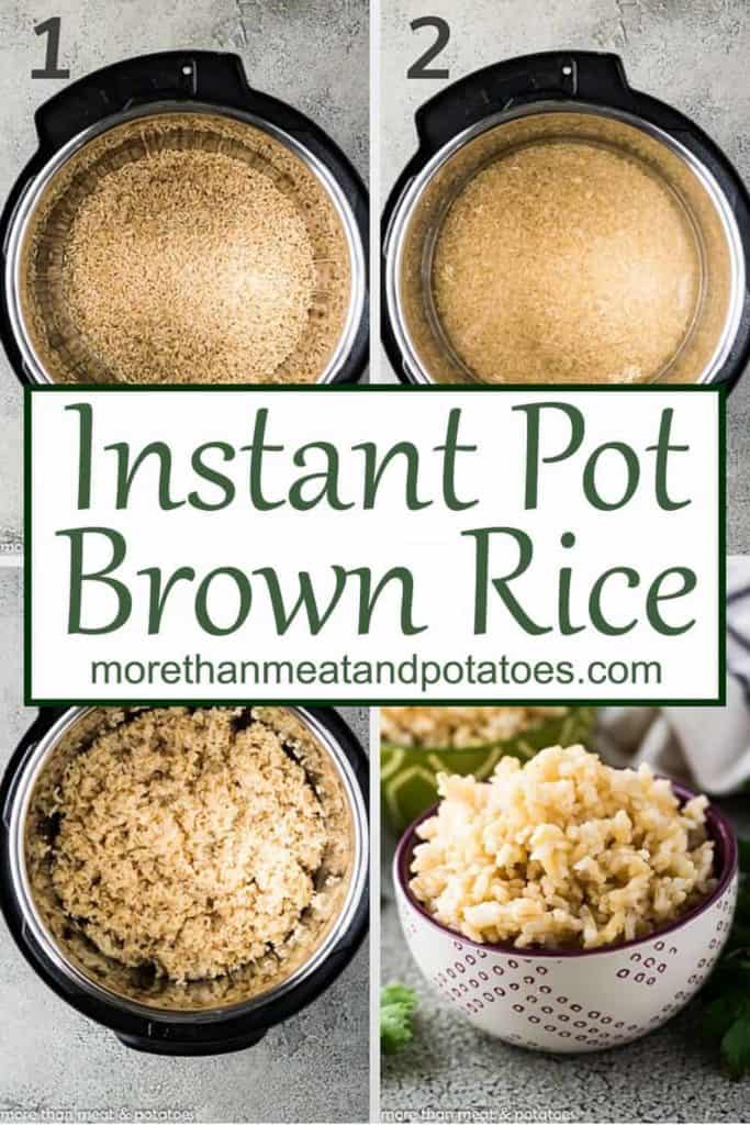 Photo collage showing the brown rice pressure steps.