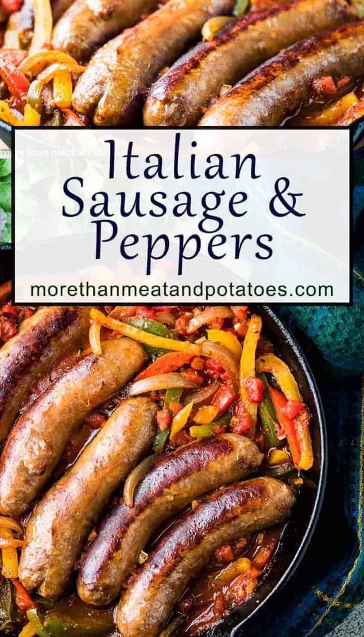 The sausage and peppers cooking in a skillet.