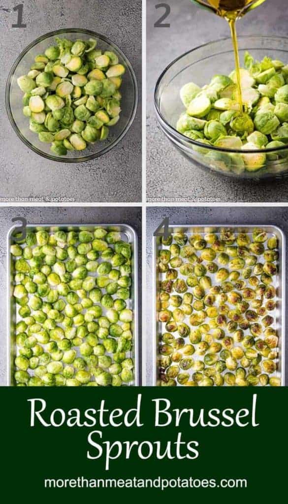 A collage of photos showing the recipe step for brussel sprouts.