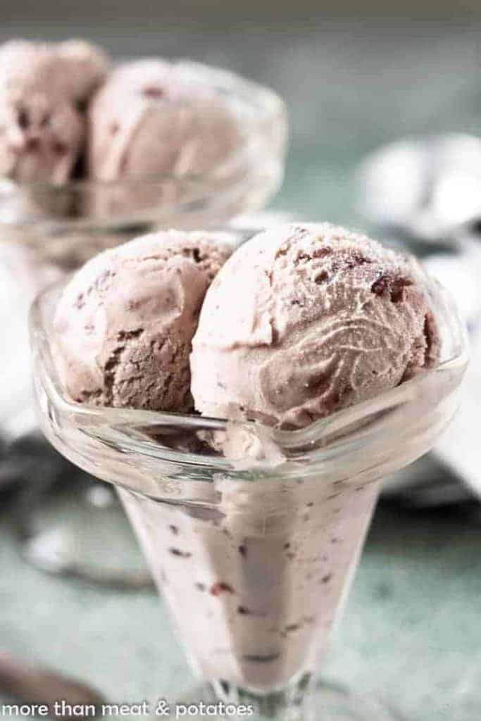 A close-up of the cherry ice cream showing the creamy texture.