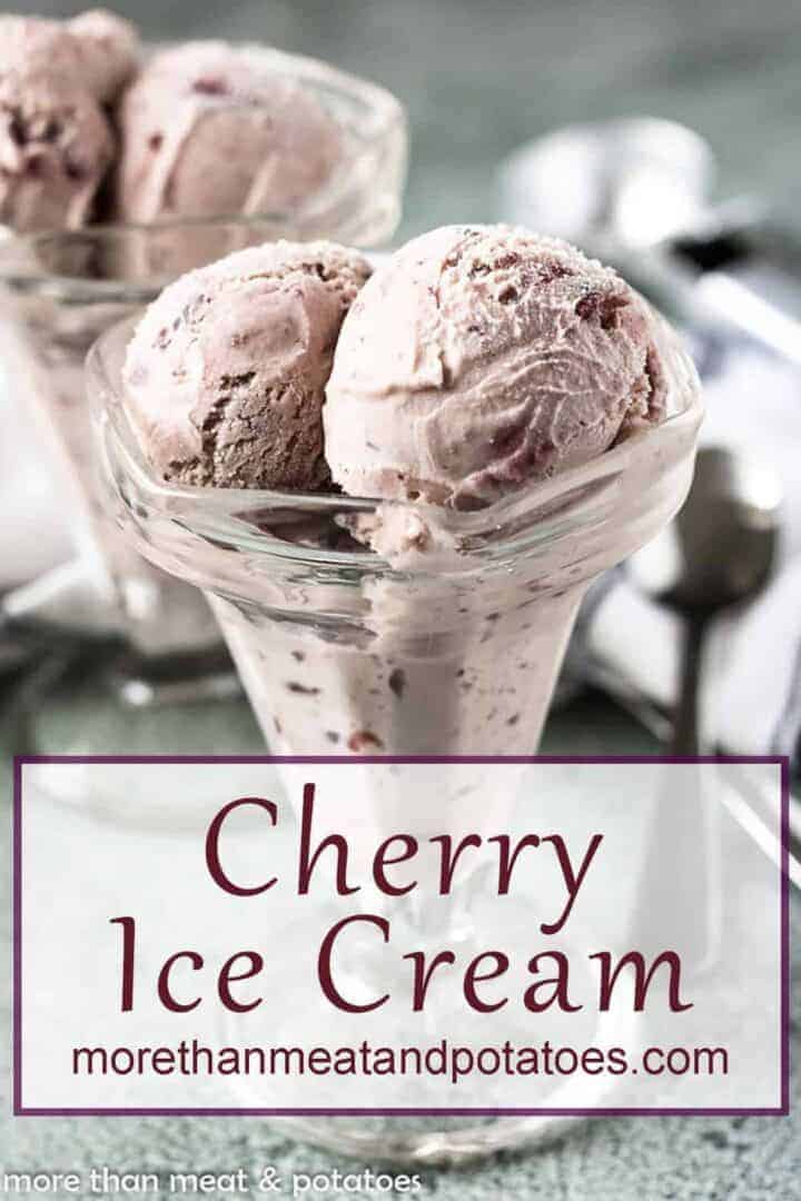 Cherry vanilla ice cream served in a dish.