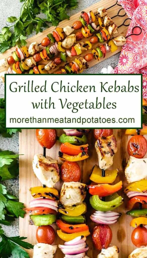 Two stacked photos showing the grilled chicken kebabs.