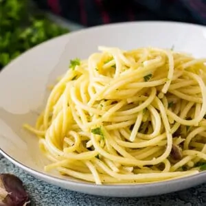 Bowl of olive oil and garlic pasta.