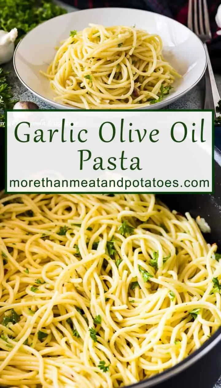 Two photos showing a bowl of olive oil pasta and the pasta in a pan.