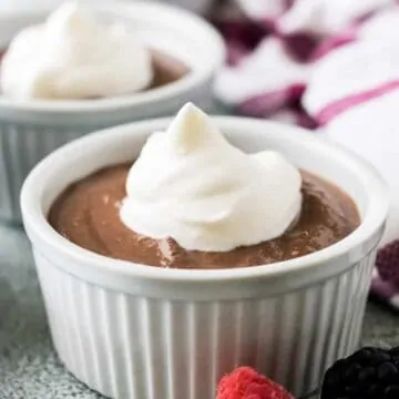 The finished chocolate pudding cup served in a ramekin.