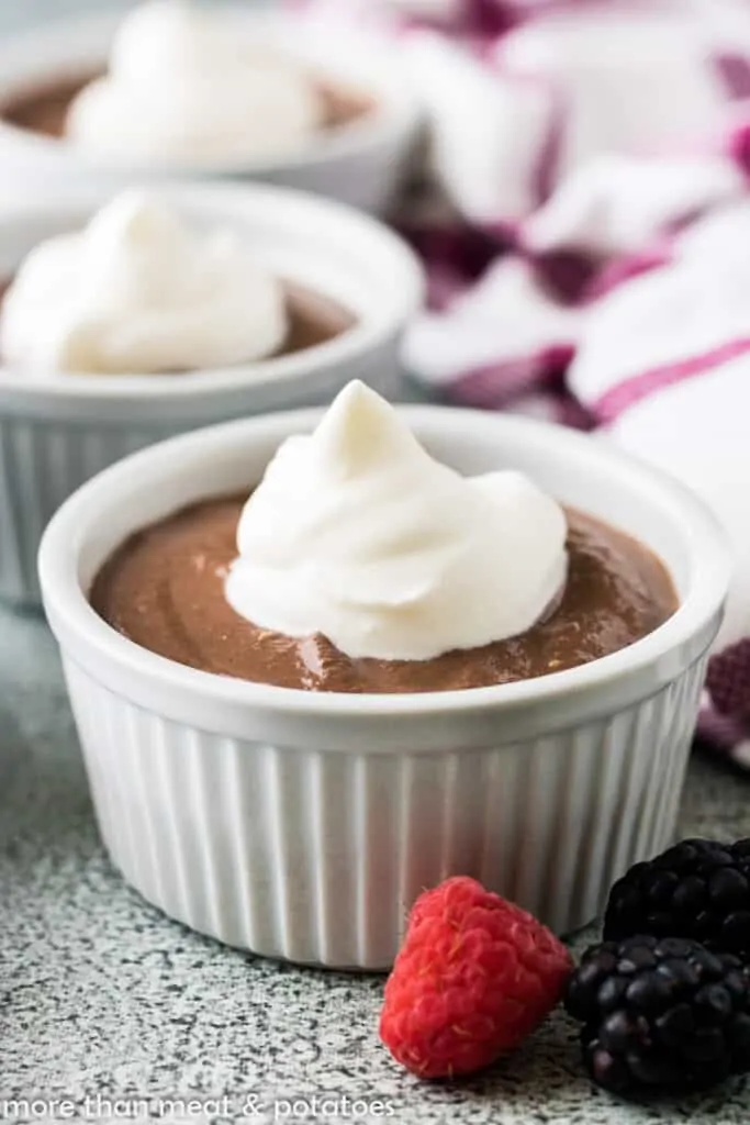 The finished chocolate pudding cup served in a ramekin.