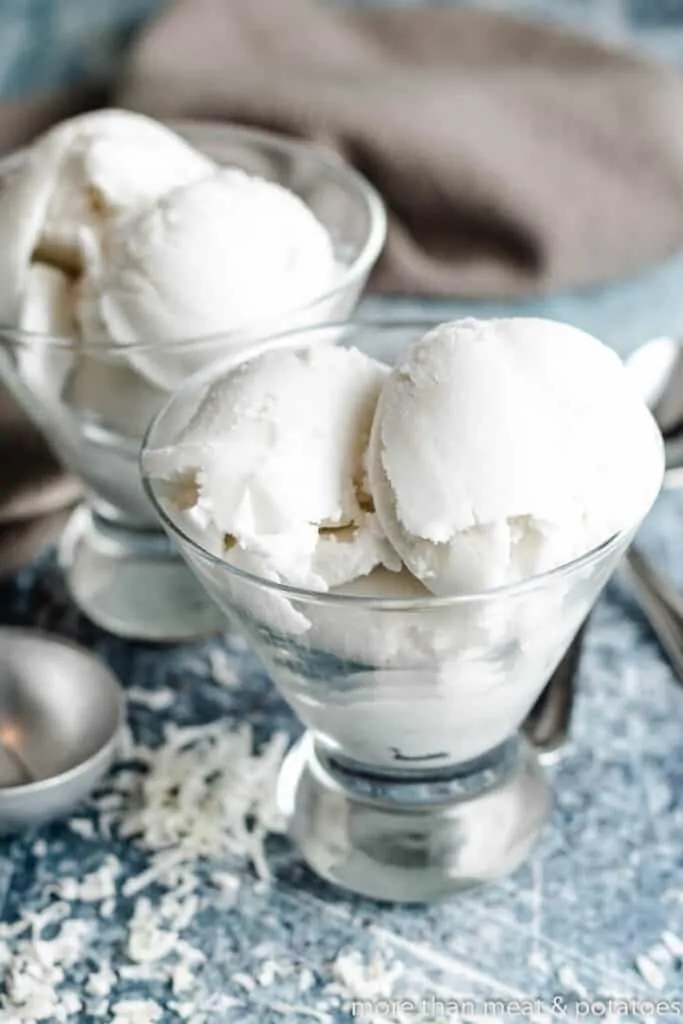 The finished tender coconut sorbet served in short martini glasses.