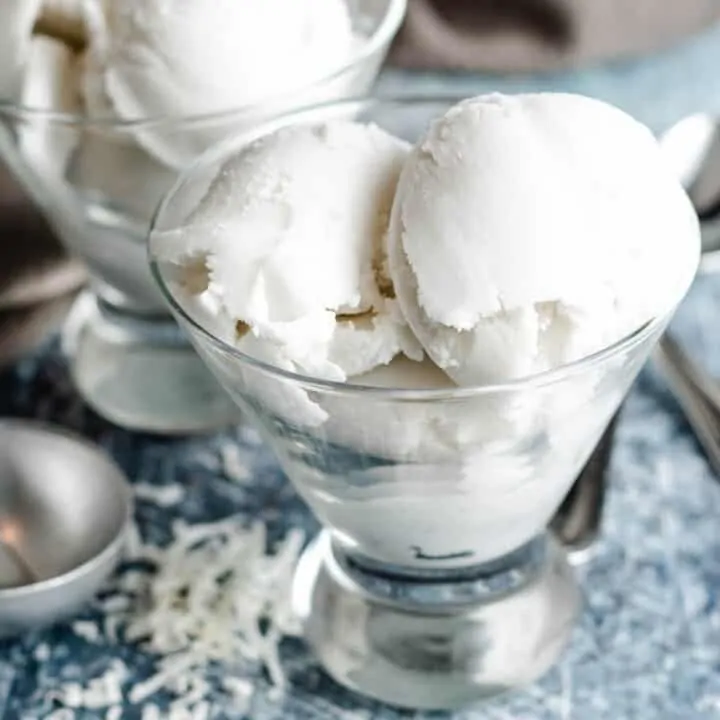 Tender coconut sorbet served in small martini glass.