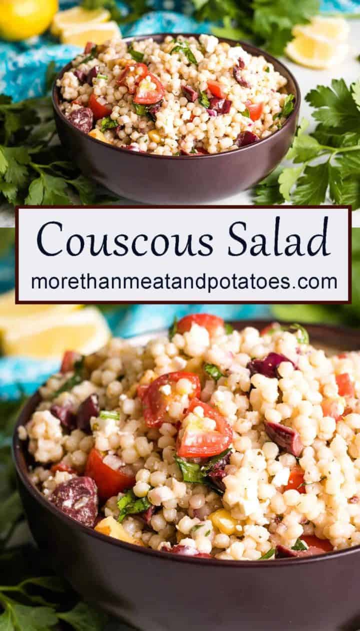 Two stacked photos of the lemon couscous salad in a bowl.