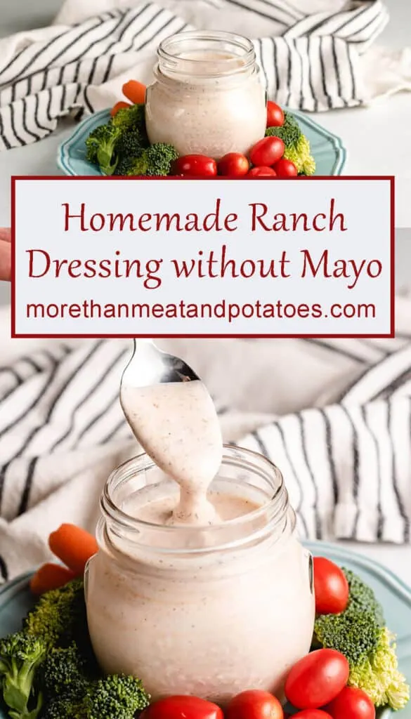 Two stacked photos of the ranch dressing in a mason jar.