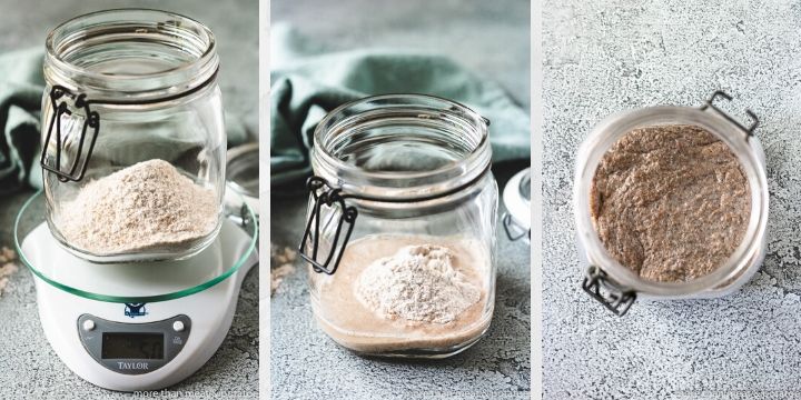 Collage of three photos showing the begging steps of measuring ingredients for a sourdough starter.