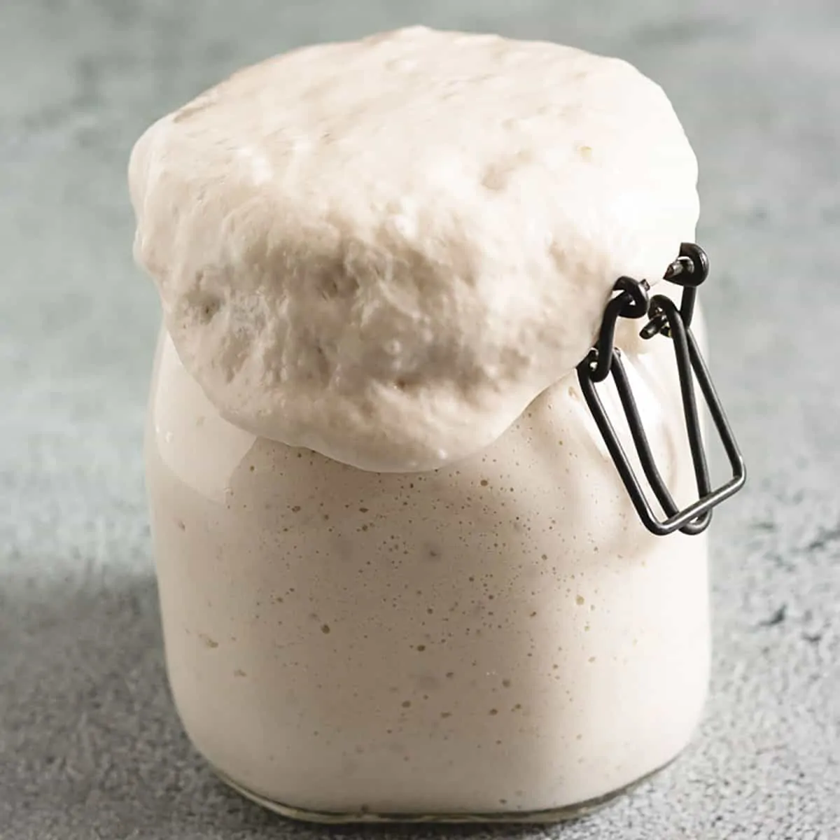 Sourdough starter overflowing its jar.