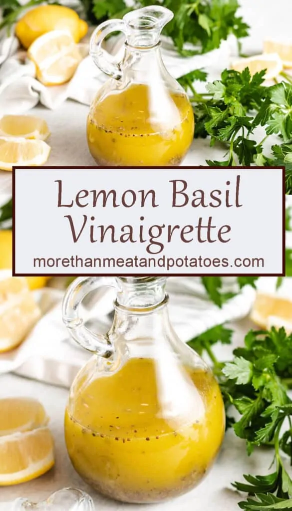 Two photos of the lemon basil vinaigrette in a dressing cruet.