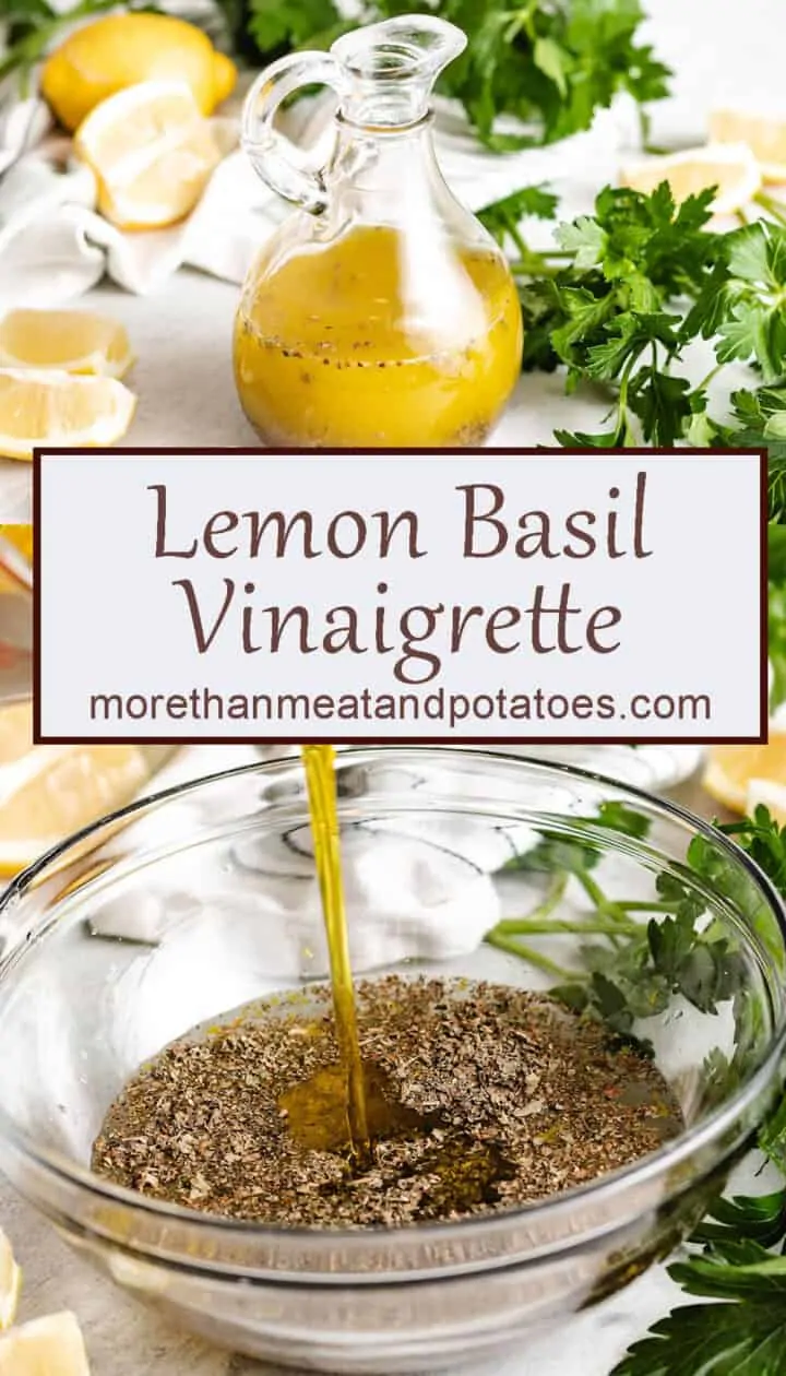 One photo of oil being added to a mixing bowl and a photo of the finished vinaigrette.