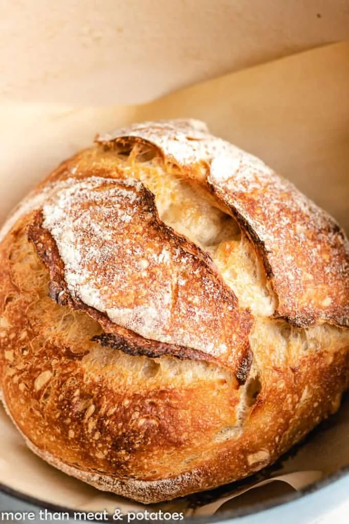 Baked sourdough bread on parchment in a dutch oven.