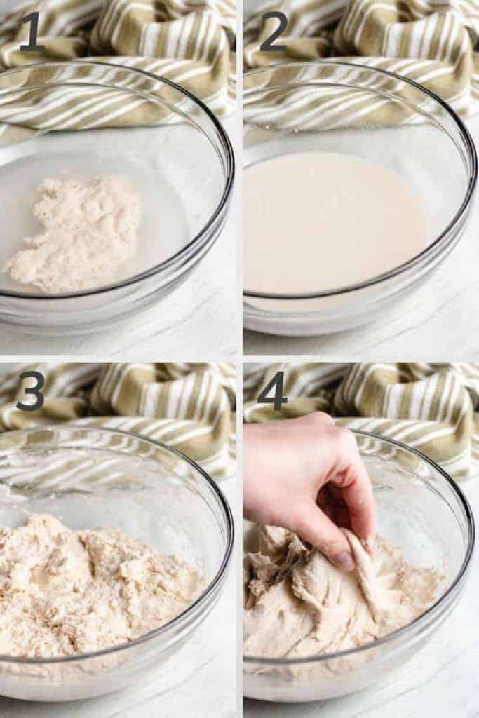 Four photos in a collage of sourdough starter, water, and flour being mixed in a glass bowl.
