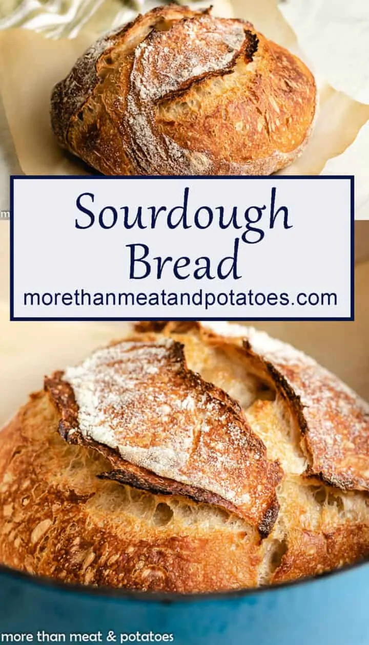 Two photos of sourdough loaves in a dutch oven and on parchment paper.