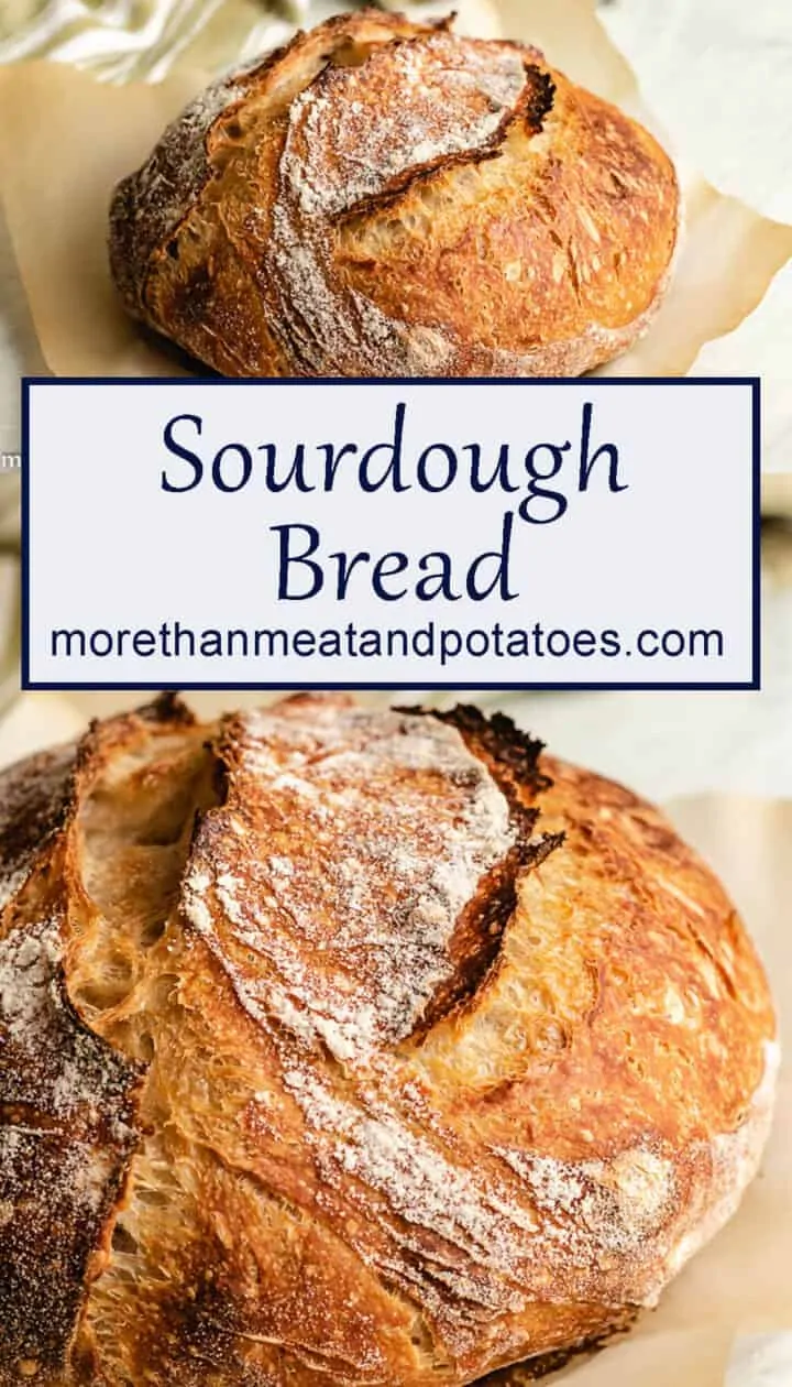 Two photos of sourdough bread in a collage.