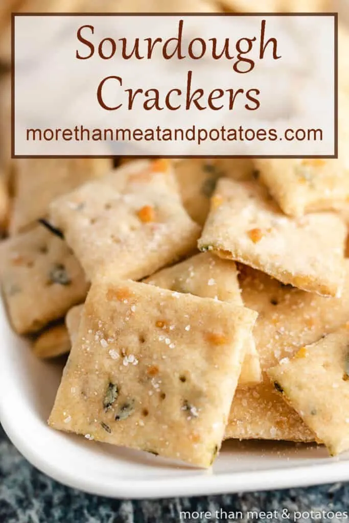 A close-up of the sourdough crackers showing the sea salt and herbs.
