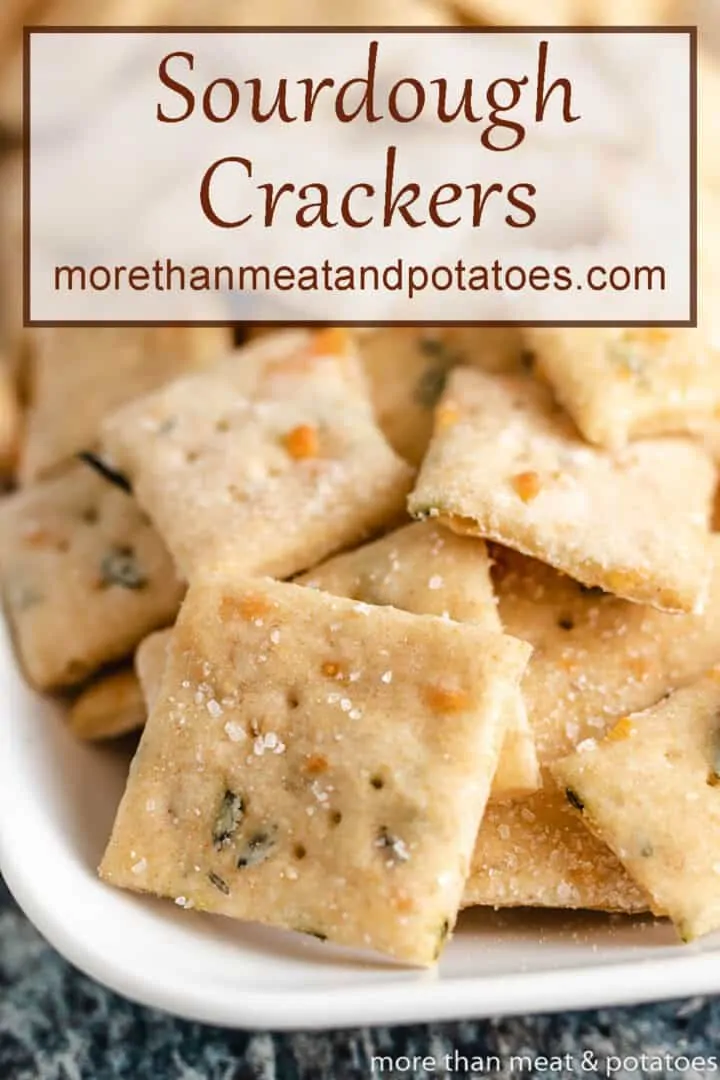 A close-up of the sourdough crackers showing the sea salt and herbs.