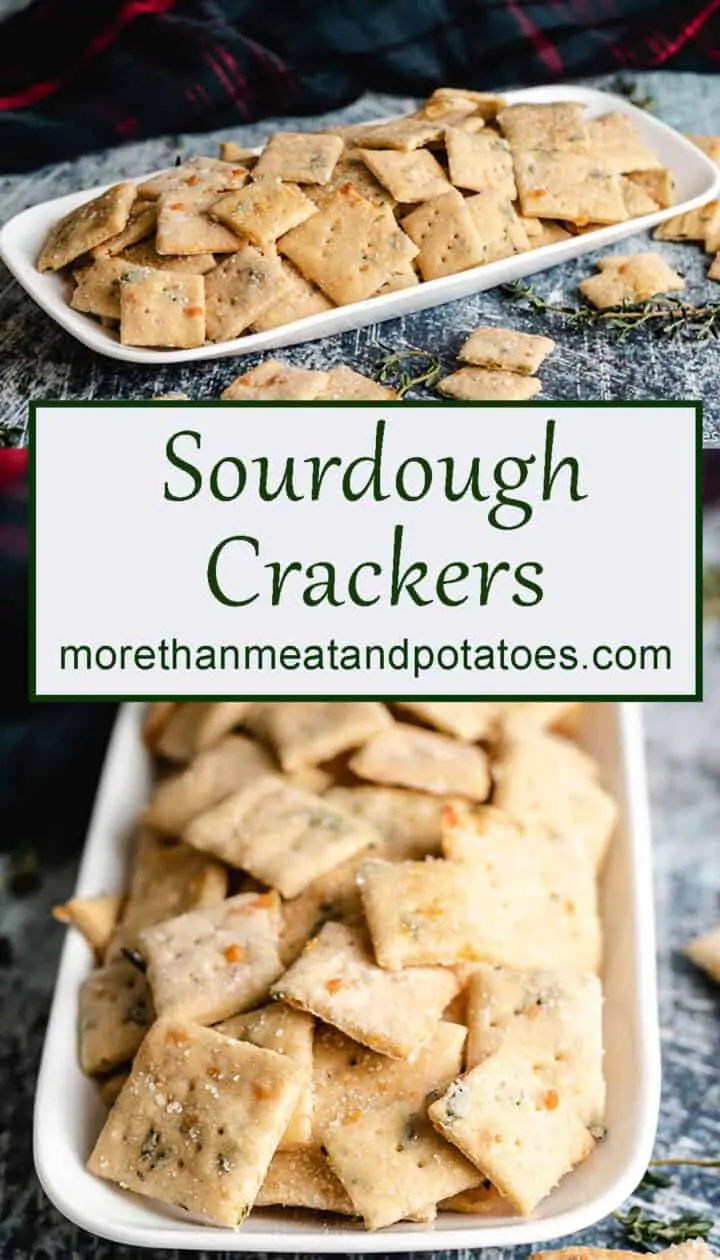 Two stacked photos of the sourdough crackers on a serving platter.