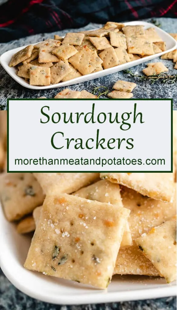 Stacked photos showing different angles of the sourdough crackers.