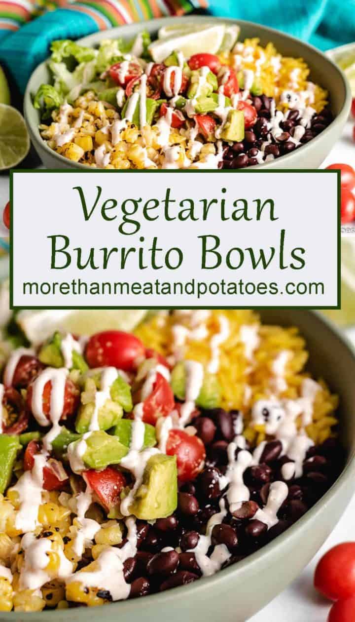 Stacked photos showing the burrito bowls topped with sauce.