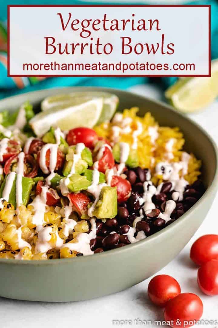 The vegetarian burrito bowl drizzled with chipotle sauce.