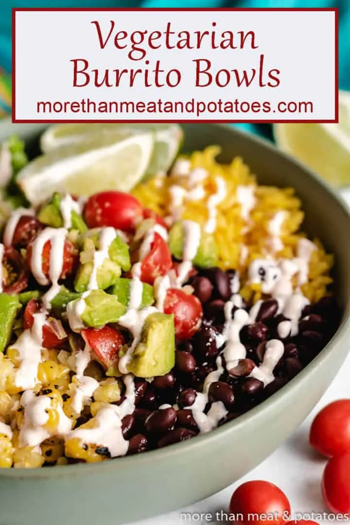 A close-up view of the vegetarian burrito bowl with chipotle sauce.