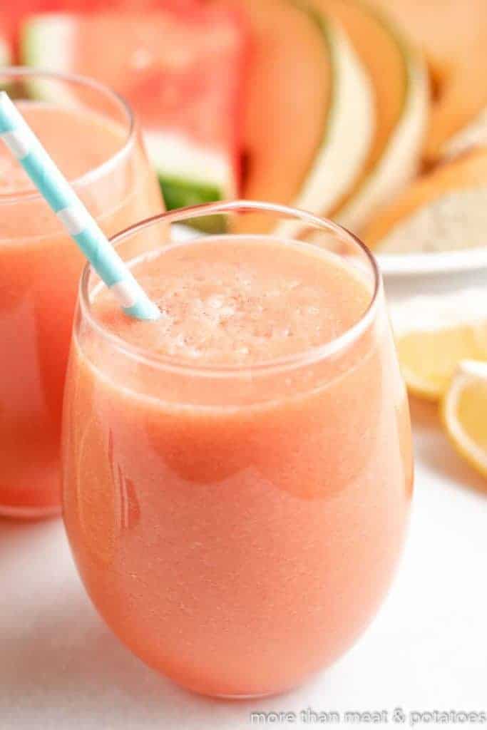 A close-up of the cantaloupe juice in a glass.