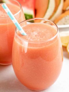 The finished watermelon cantaloupe juice in a glass.