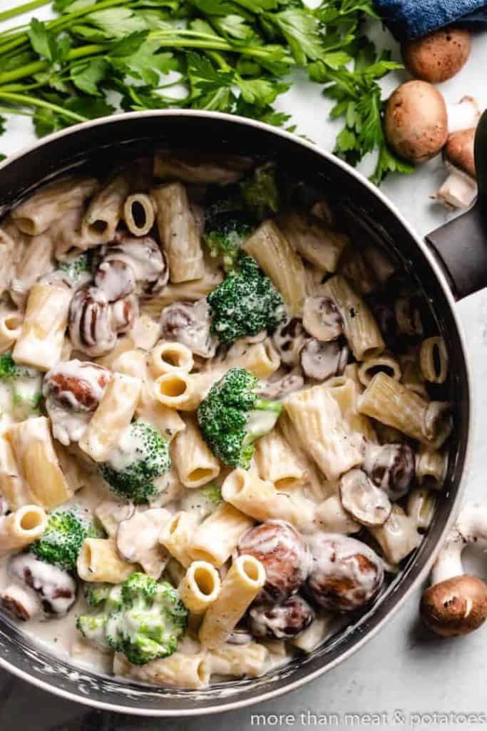 Pasta with vegetables in a stock pan.
