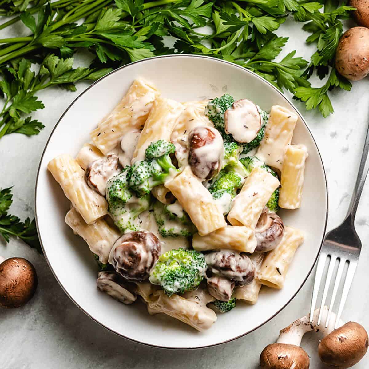 Plate of rigatoni pasta tossed with broccoli and mushrooms.