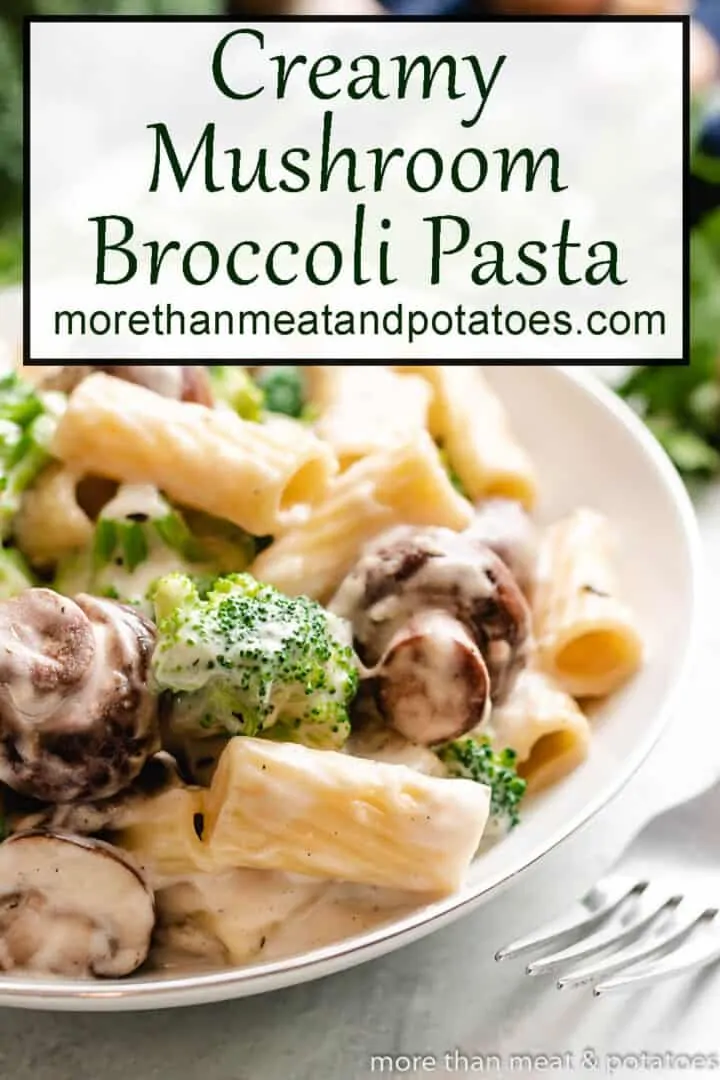 White sauce pasta with mushrooms and broccoli.