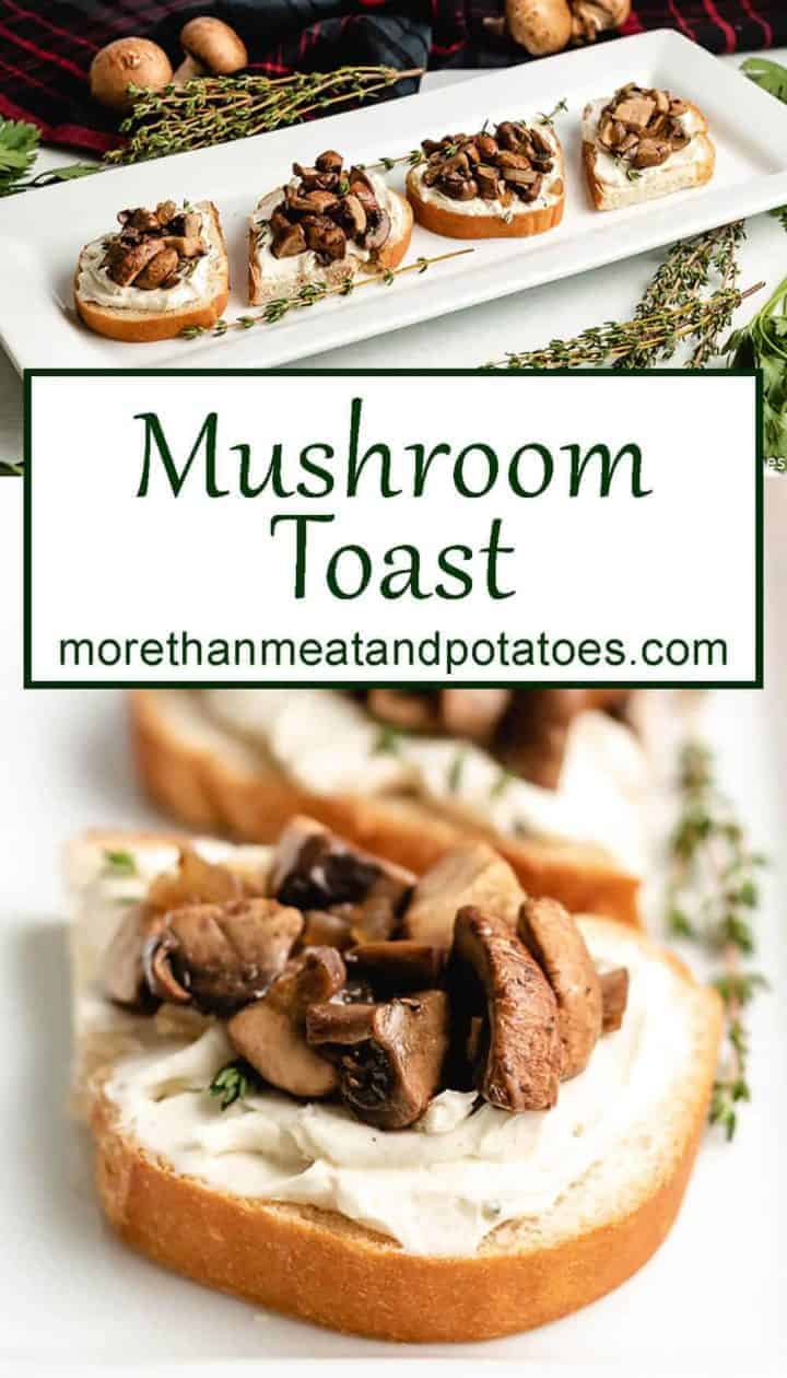 Two photos of the mushroom toast topped with fresh thyme.