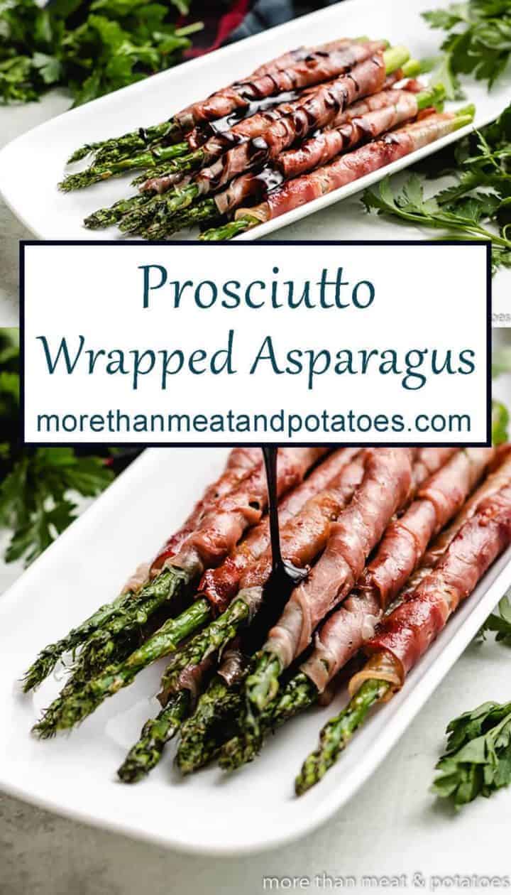 Two photos showing the grilled prosciutto wrapped asparagus.
