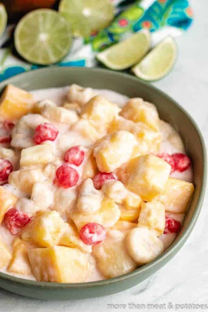 An aerial view of the fruit salad in a serving dish.