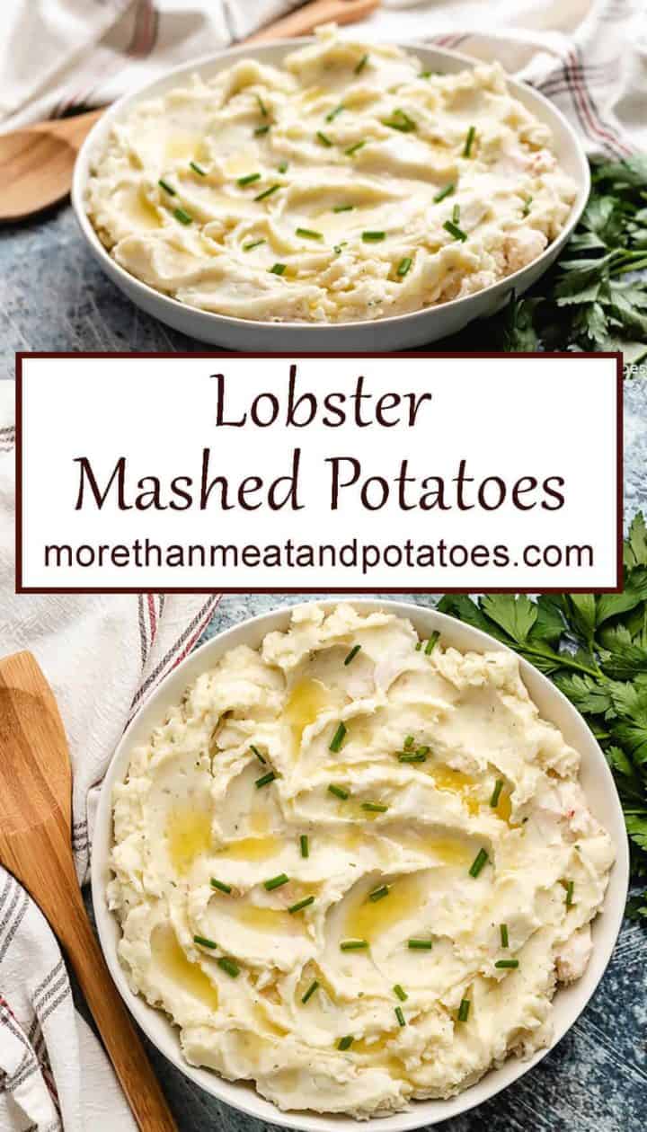 Two stacked photos of the finished lobster mashed potatoes.