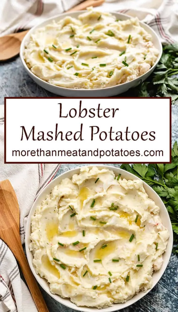 Two stacked photos of the finished lobster mashed potatoes.