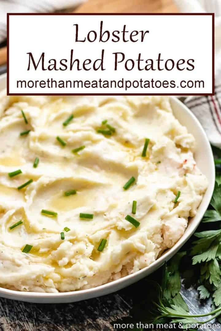 A bowl of lobster mashed potatoes topped with butter and chives.