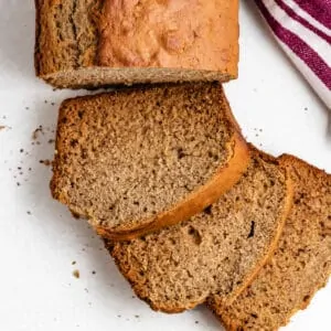 The sourdough banana bread loaf cut into slices.