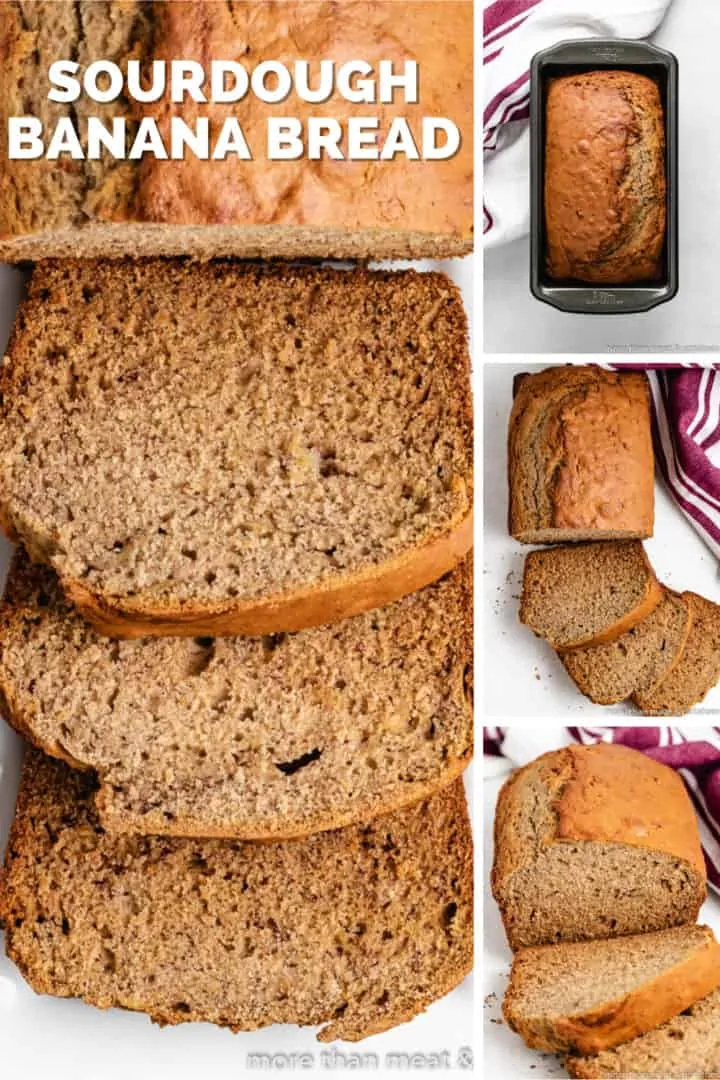 A collage of photos featuring the sourdough banana bread.