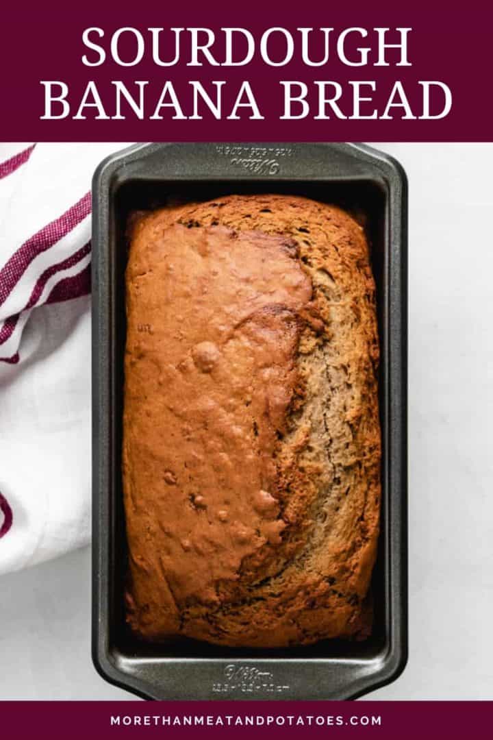 The baked sourdough banana bread in a loaf pan.