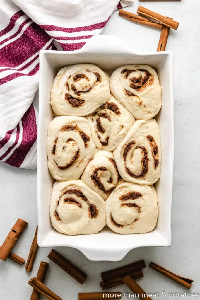 The rolls have risen and are ready to bake.