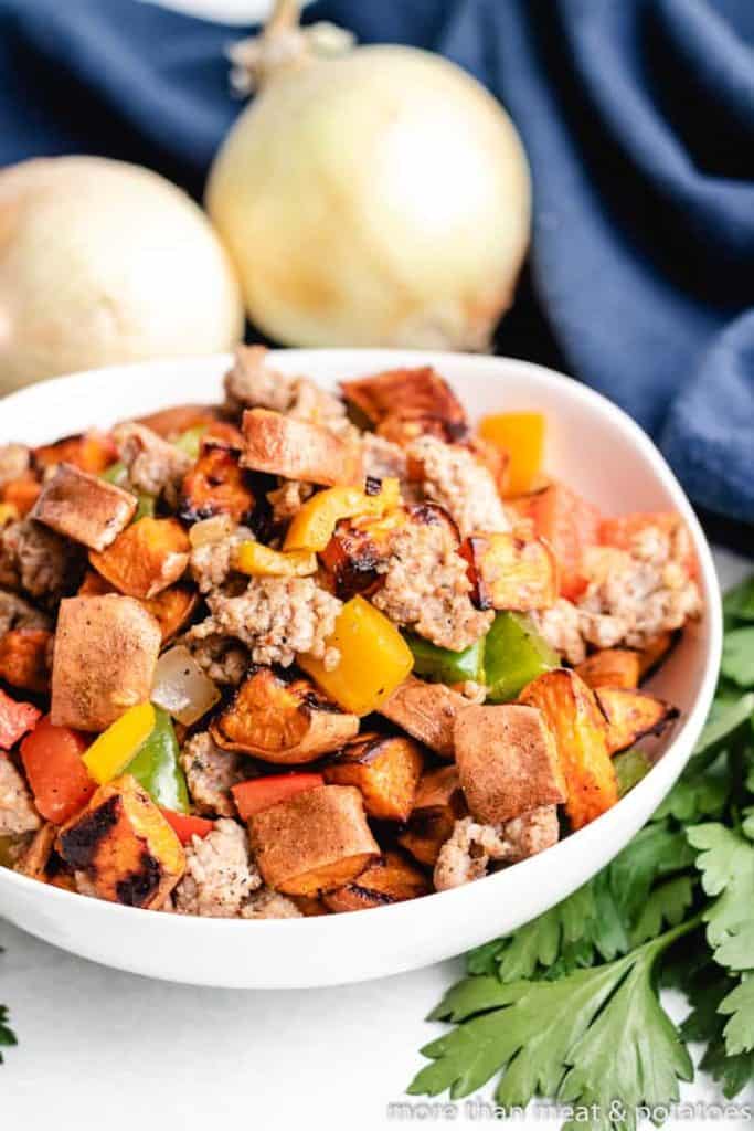 The potato hash transferred to a serving bowl.